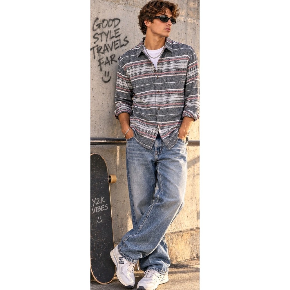 VSTR Premium Men's Striped M Shirt Y2K Skate Coastal Grunge Button Up NWT